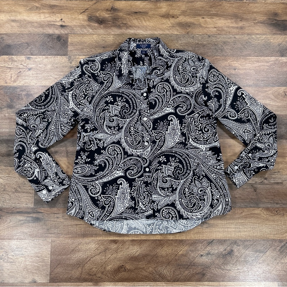 Chaps Womens Shirt Large Petite Black Paisley Long Sleeve Button Up